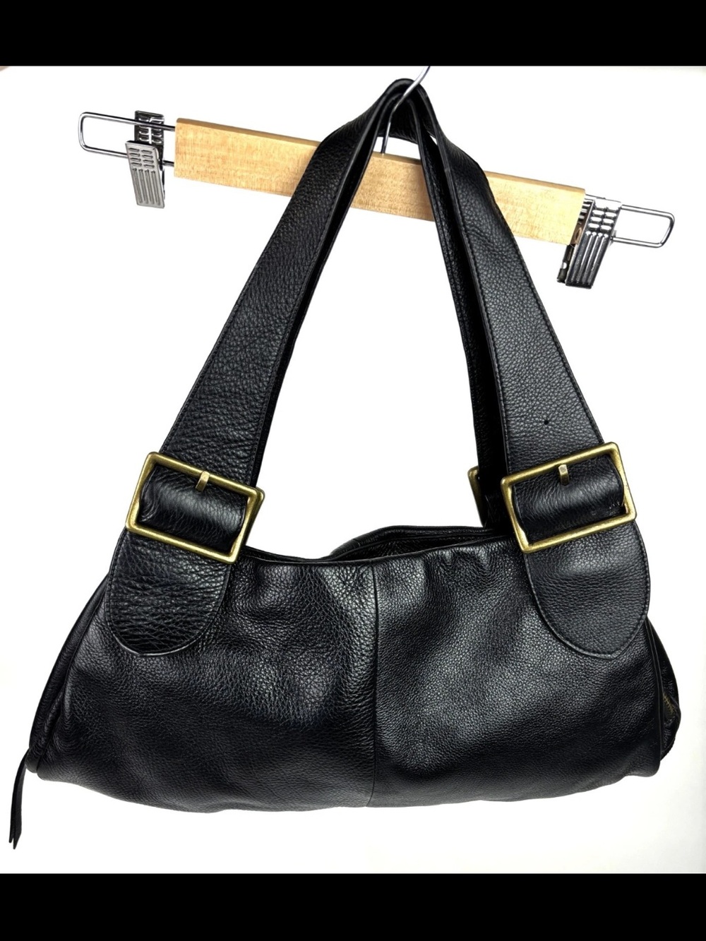 Mulberry Black Leather Shoulder Bag with Brass Buckles